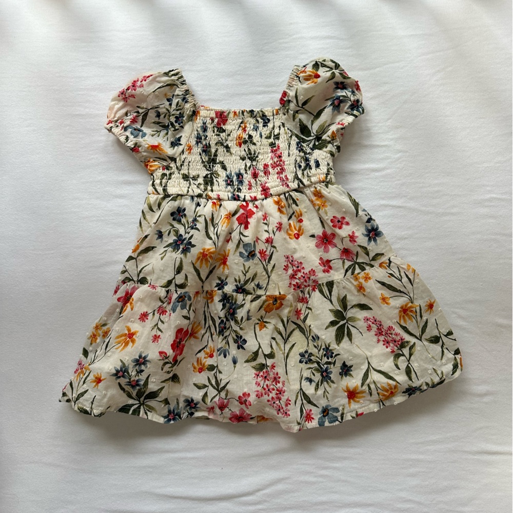 2 baby girl outfits- floral dress and blue romper 6-12 month